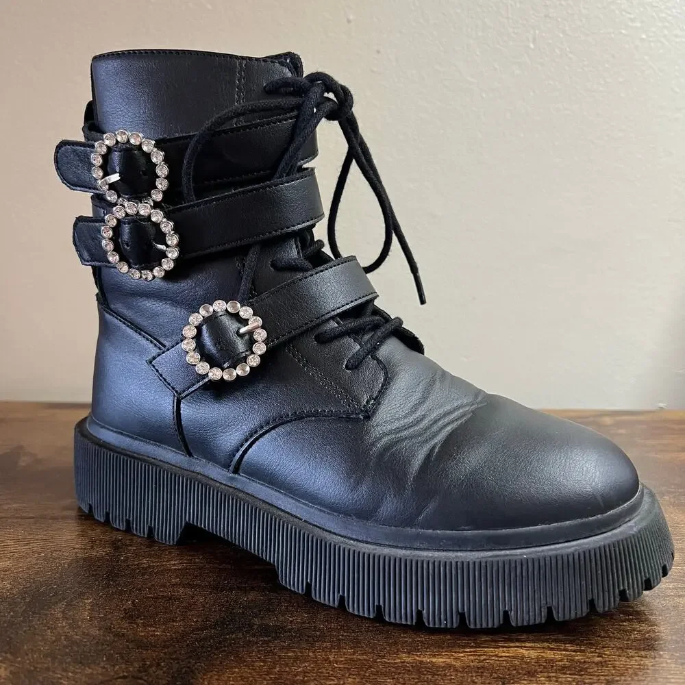 Zara Combat Boots 34 Girls 2.5 Black Faux Leather Lace Up Rhinestone Buckle Edgy